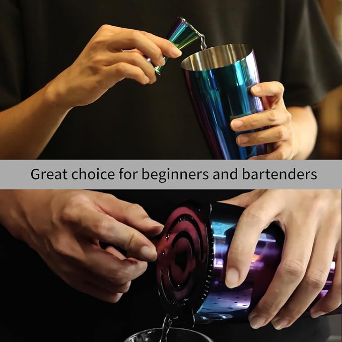 Boston Cocktail Shaker Bar Set, Weighted Boston Shaker Tins, Bartender Kit with 18oz & 28oz Mixed Drink Shaker, Hawthorne Strainer, Double Measuring Jigger - Rainbow