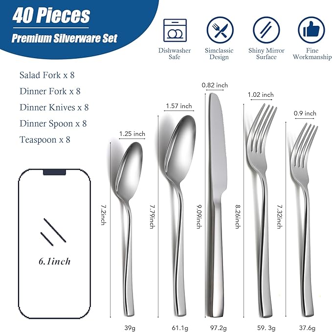 40 Piece Silverware Sets with Unique Handles, EIUBUIE Premium Stainless Steel Flatware Set for 8, Mirror Finished Kitchen Tableware Cutlery Rust Proof Dishwasher Safe Forks Spoons and Knives Set