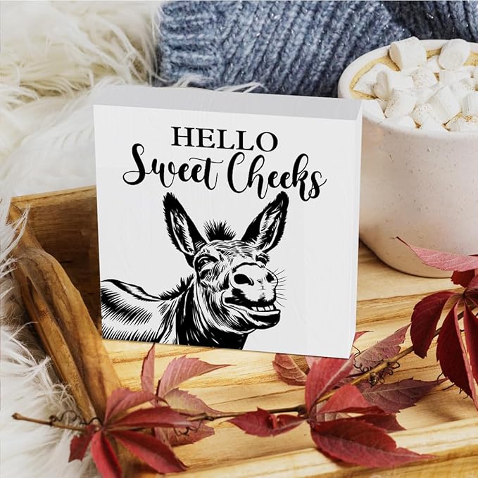 HTBIG Funny Donkey Bathroom Wooden Box Decor Hello Sweet Cheeks Wooden Box Logo Put It on a Bathroom Corner Shelf to Create a More Cheerful Ambiance 5 x 5 Inch