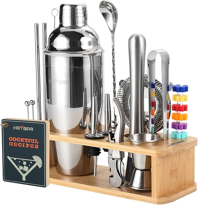 HMYBAR® 22-pc Cocktail Shaker Set(24oz/700ml) | Mixology Bartender Kit | Bar Tool Set | Martini Making Set with 39-Recipe Cocktail Cards & Kit's Deco, Bamboo Stand Natural Color, Silver Tools