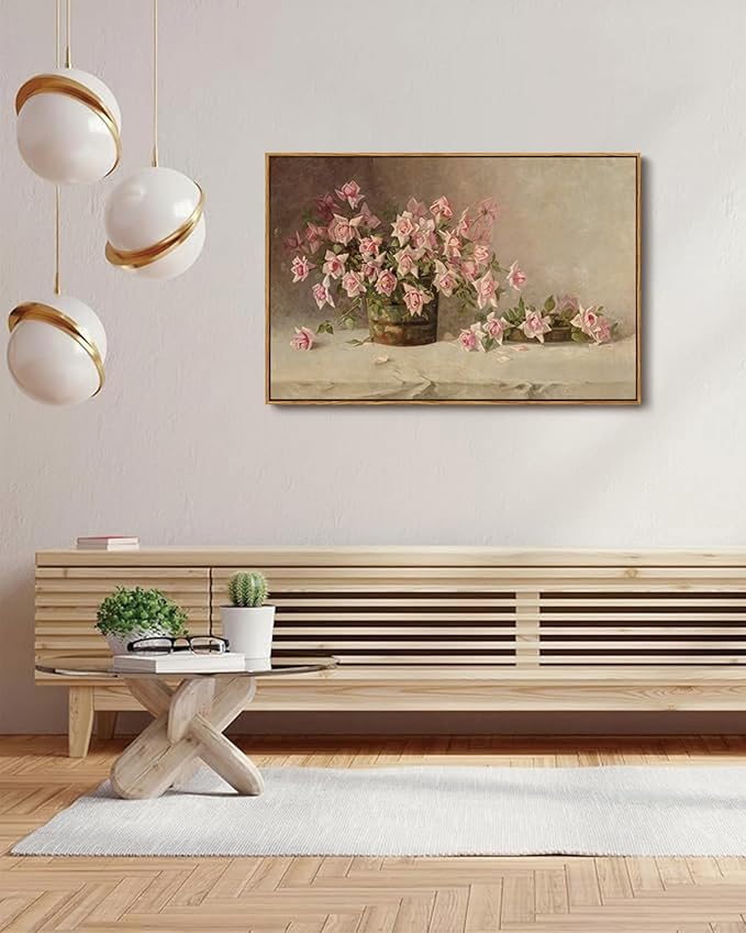 KISSFOX Vintage Floral Canvas Wall Art Framed Retro Pink Flower Botanical Painting Prints Farmhouse Rustic Still Life Roses Pictures Decor Gallery Office Living Room Bedroom Bathroom