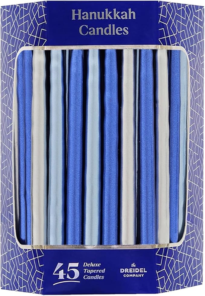 The Dreidel Company Metallic Hanukkah Candles Frosted Premium Tapered Hand Decorated Chanuka Candles (Metallic Blue & Silver)