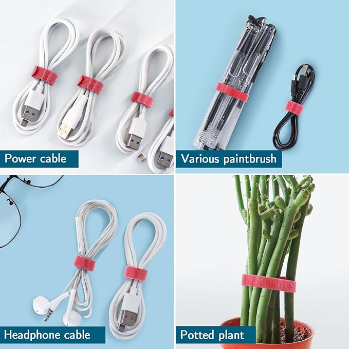 50PCS Reusable Adjustable Cable Ties, Microfiber Cloth for Computer Cable Management (Red)