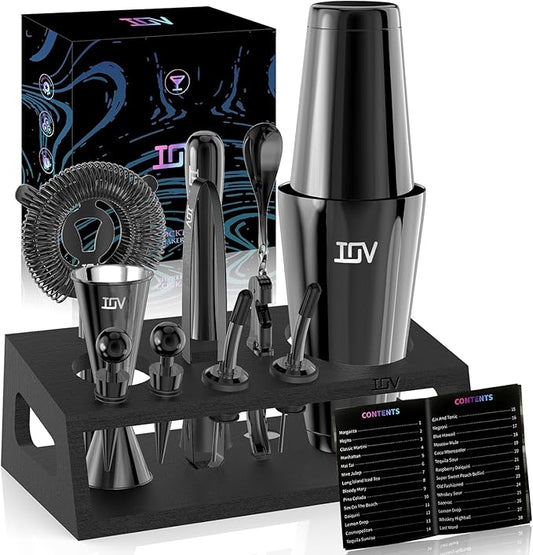 IOV Cocktail Shaker Set: 12-Piece Mixology Bartender Kit Bar Set | 18oz & 28oz Boston Shaker Drink Mixing Tools for Home with Recipe Booklet and Stand | Fun Housewarming Gift (Black)