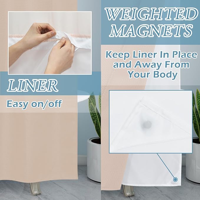 Blush Pink Stall No Hook Shower Curtain with Snap in Liner,230GSM Waffle Weave Shower Curtains for Bathroom,54W x 80H