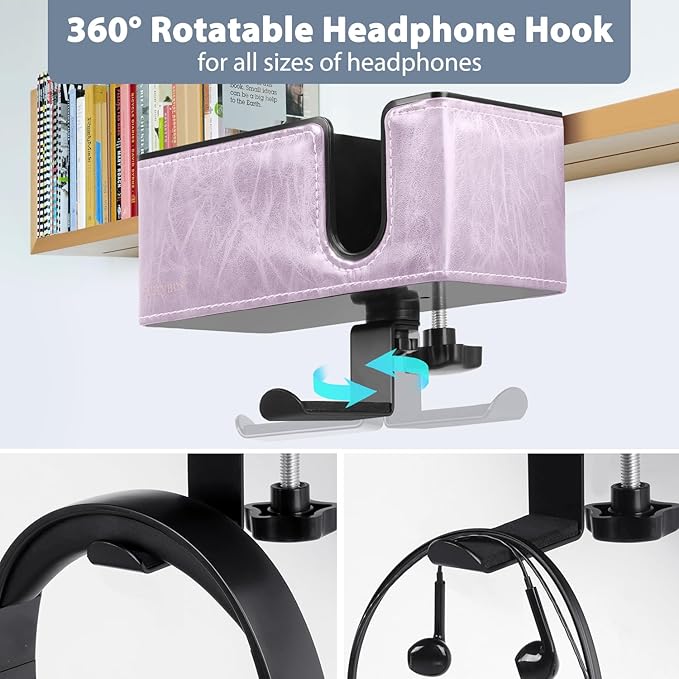 Desk Cup Holder Clip on Pen Holder Headphone Hanger Headset Stand Rotatable Clamp Hook Under Desk (Violet)