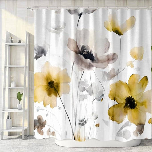 Boho Floral Shower Curtain, Cream Tan Beige Yellow Grey White Flower Farmhouse Fabric Shower Curtains Set for Bathroom Decorative with Hooks 72 X 72 inch Spring Bath Decor