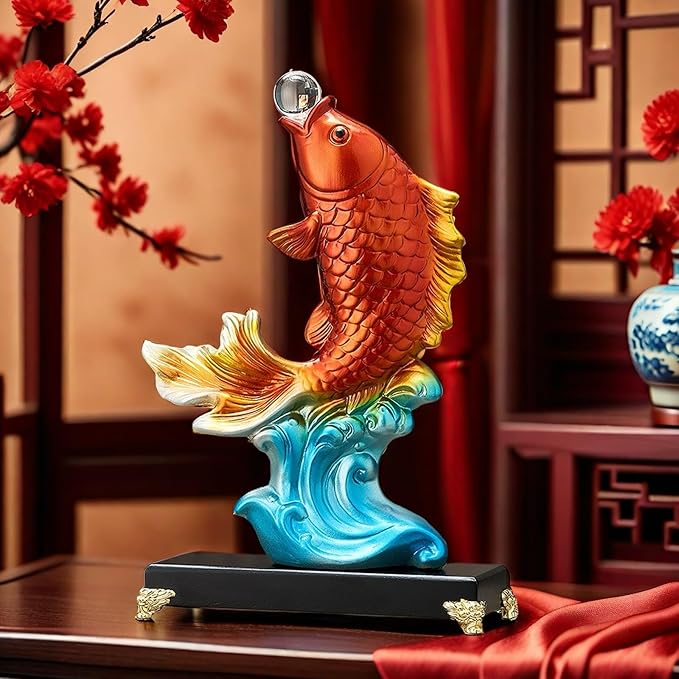 FUNSXBUG 13.3 Inch Large Chinese Feng Shui Fish Statue Sculpture Collectible Figurine Feng Shui Decor Home Office Decoration Tabletop Decor Ornaments Good Lucky Gifts (Red)