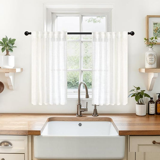 YoungsTex White Linen Semi Sheer Curtains 36 Inch Length for Kitchen Cafe Window, Small Half Window Drapes Textured Light Filtering with Rod Pocket Back Tab for Bathroom, 2 Panels, 34 X 36 Inch