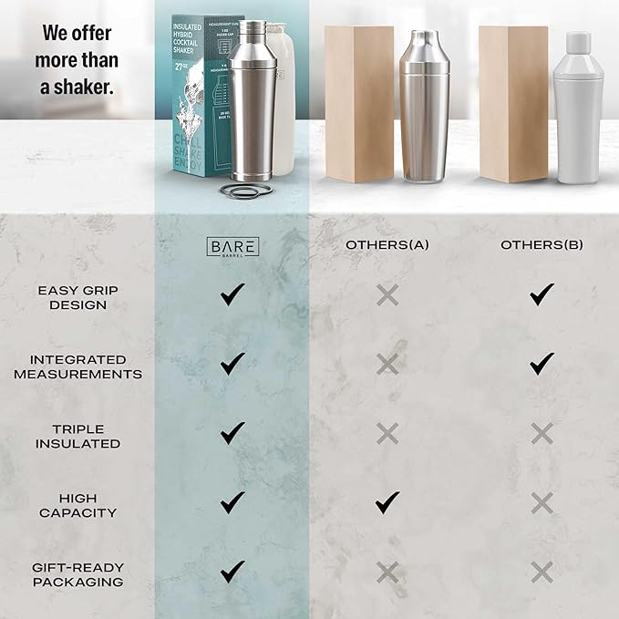 Insulated Cocktail Shaker Set | Double Wall Stainless Steel | Martini Shaker for Home Bar Bartending | Built-in Drink Measurement System & Strainer, Travel Bag, 35 Recipes | Gift Set (Silver)