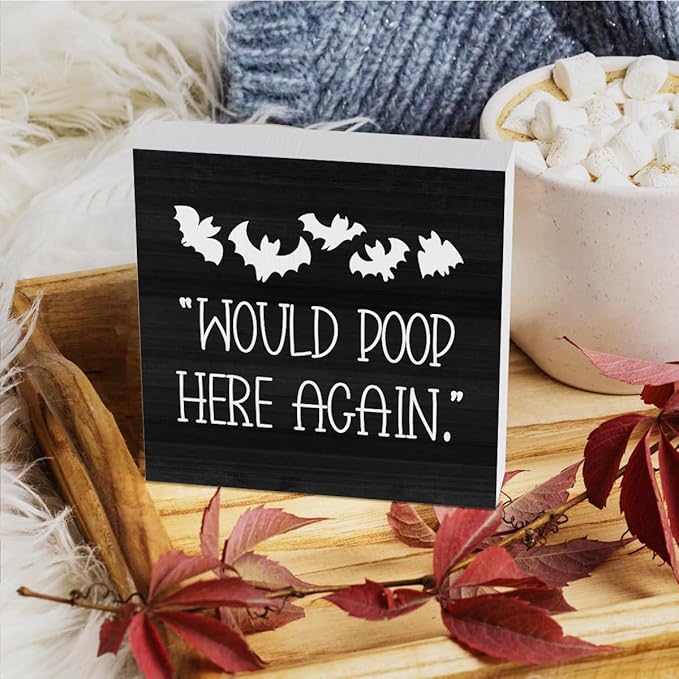 HTBIG Halloween Funny Bathroom Wooden Box Bat Decor Would Poop Here Again Humorous Restroom Decor Place it on a Bathroom Corner Shelf to Create a More Cheerful Ambiance 5 x 5 Inch