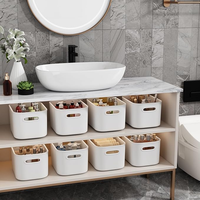 8 Pack White Storage Bins with Lids for Shelves, White Storage Containers with Lids for Organizing, Storage Box with Handle, Stackable White Plastic Bin for Classroom, Craft, Snacks