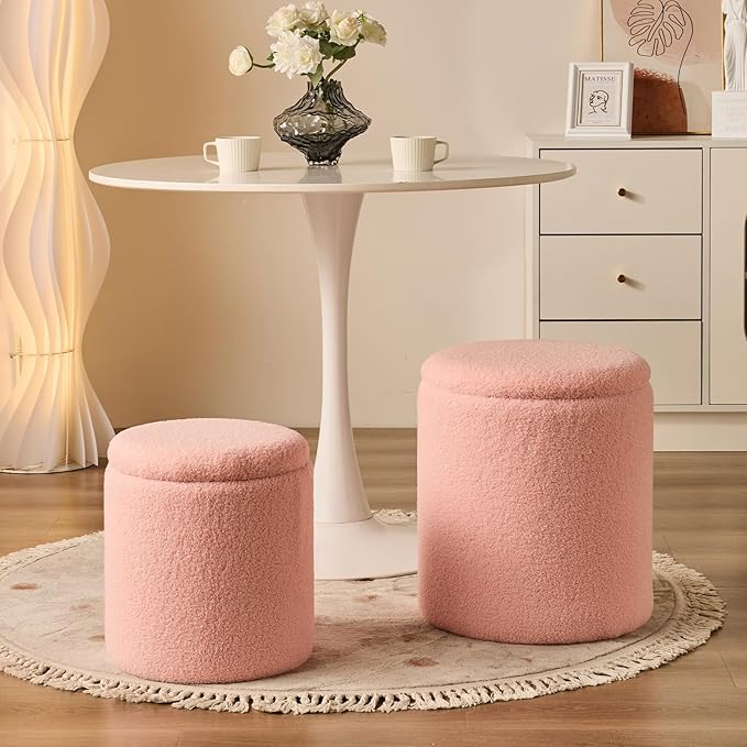 Round Ottoman with Storage Set of 2-Upholstered Sherpa Vanity Stool for Makeup Multifunctional Ottomans Coffee Table Padded Seat Foot Rest for Living Room&Bedroom(Sherpa Pink)
