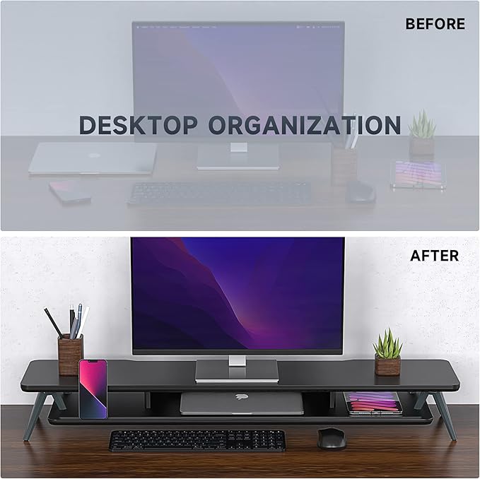 Fenge Dual Monitor Stand, Monitor Stands Riser for 2 monitors, 42.5 Inch Wood Desk Shelf with Storage Organizer and Cable Management for Office Desk Accessories
