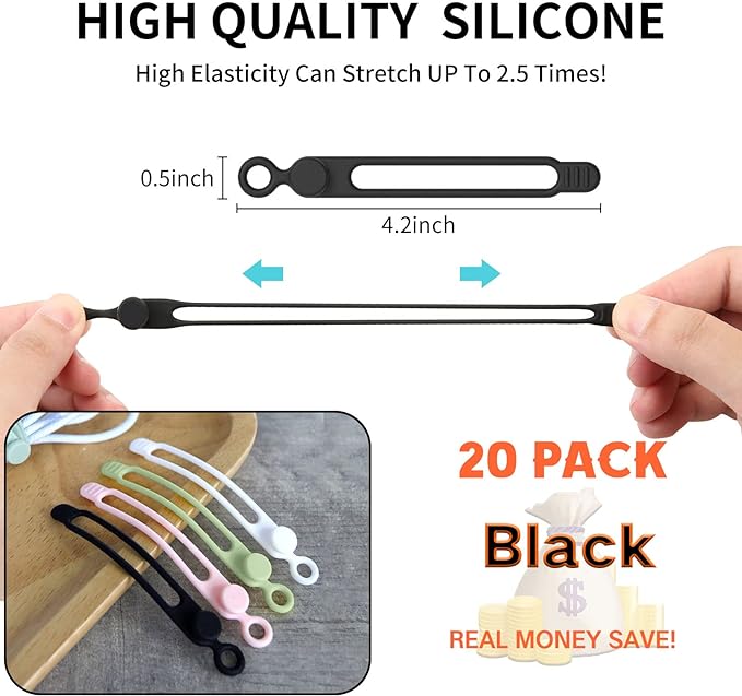 [20Park]UMUST Silicone Cable Ties, Reusable Cable Management Organizer, Cord Tie,Multipurpose Elastic Cord Organizer for Bundling and Fastening Cable Cords Wires(black)