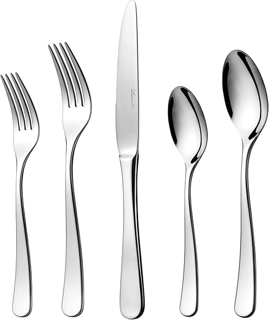 Luciella Tropea Polished Flatware Set for 8, 45-Piece Premium 18/10 Stainless Steel Silverware Set with Serving Utensils, Modern Mirror Finish, Rust Resistant, Dishwasher Safe