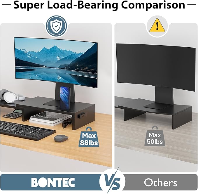 BONTEC Dual Monitor Stand for Desk, Adjustable Length and Angle Monitor Stand Riser with Smartphone Holder, Desk Shelf for Top of Desk, Computer Monitor Stand with Storage, Office Desk Organizer, Black