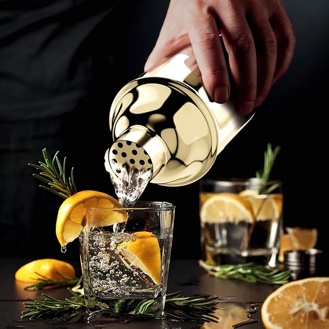 IOV Cocktail Shaker Bar Set, 24oz Martini Shaker with Built-in Strainer, Bar Tool Kit with Recipes Booklet, Professional Stainless Steel Large Bartender Drink Shaker Margarita Alcohol Mixer- Gold