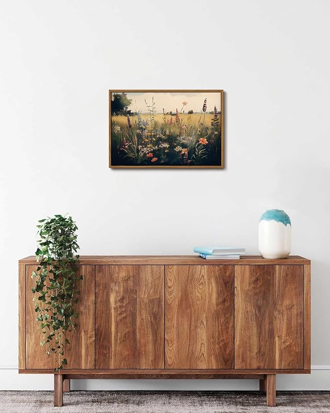 KISSFOX Vintage Wildflower Field Canvas Wall Art Spring Farmhouse Landscape Floral Framed Wall Art Rustic Cottagecore Colorful Botanical Art Prints Artwork For Living Room Bedroom Kitchen