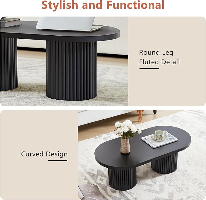 AVZEAR Oval Fluted Coffee Table for Living Room, Mid Century Modern Coffee Table with Fluted Legs, Curved Round Wooden Center Table for Home, Office, Cafe, Black (39.38" x 19.69" x 13.78")