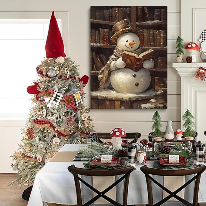 Cute Snowman Reading Book Art posters Christmas Canvas Print Wall Art Christmas Prints Winter Wall Art Snowman Decor Academia Art Holiday Decor 20x30 Unframed