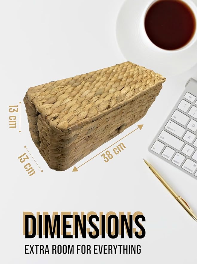 Cable Management Box, Water Hyacinth Organizer Box, Durable Rattan Cable Organizer, with 2 Open Slots for Home Office Desk Computer TV Wires USB Hub Power Strip, Handmade Rattan Cord Organizer Box