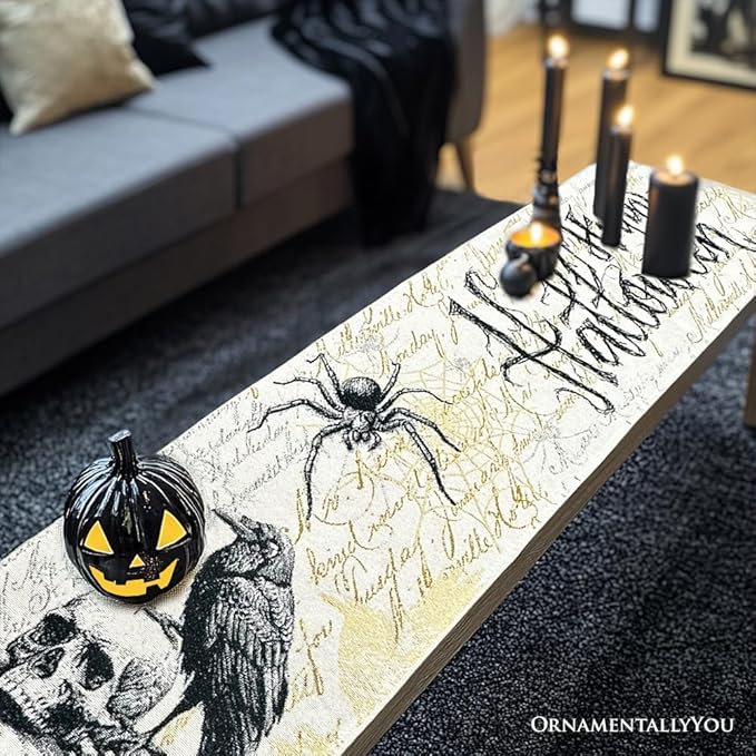 Timeless Table Runner with Elegant Designs for Every Occasion (Elegant 72" Gothic Jacquard Table Runner, Halloween Tablecloth with Spider Webs and Black Ravens)