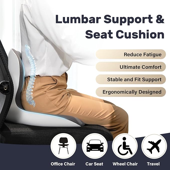 Coverado Car Seat Cushion and Lumbar Support Pillow One Piece, Memory Foam Ergonomic Back Support Driving Seat Cushion for Back Pain, Non-Slip Washable Cushion for Car, Driver, Office