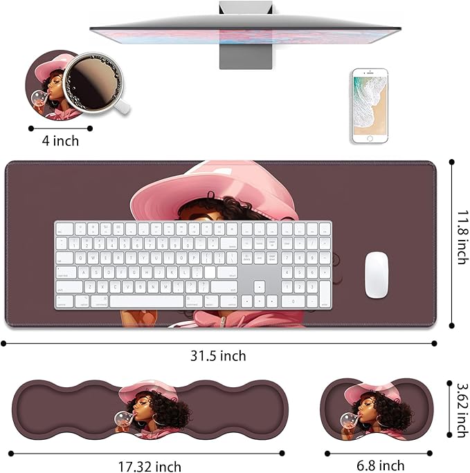 4 in 1 Ergonomic Keyboard Wrist Rest & Mouse Pad Wrist Rest Set, Large XXL Gaming Desk Mat 31.5"x 11.8" with Non-Slip Base, Memory Foam for Home Office Study Gaming, African American Black Girl