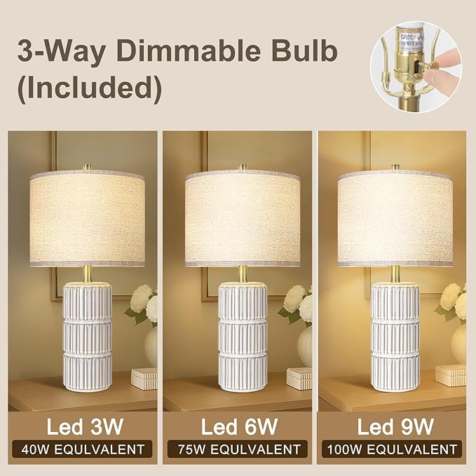 23.5" Ceramic Table Lamp Set of 2, Table Lamps for Living Room, Bedside Lamps with 3-Way Dimmable Bulb, Lamps for Night Stands with Linen Shade, Farmhouse Lamp with Rotary Switch (Bulb Included)
