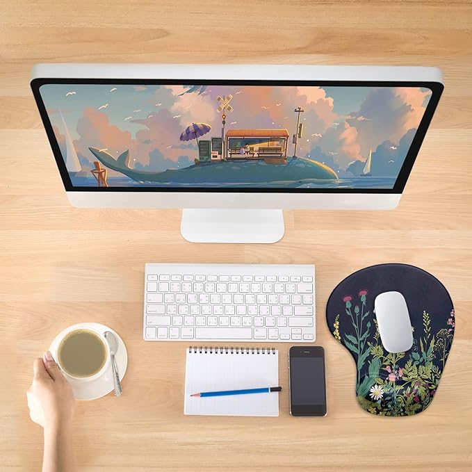 Hsurbtra Ergonomic Mouse Pad with Wrist Rest Support, Gel Mouse Pads with Non-Slip PU Base, Pain Relief Memory Foam Computer Mat, Cute Office Supplies Desk Decro Accessories, Black Flower