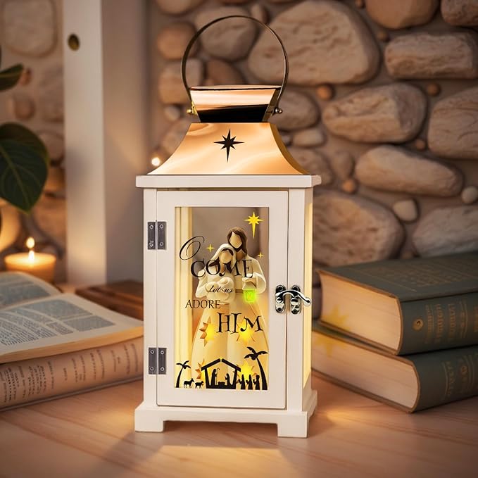 Christmas Nativity Set for Table Centerpieces, Nativity Christmas Lantern for Modern Farmhouse Decor, Hanging Candle Lantern for Xmas Home Decor Indoor, Resin Nativity Figurine