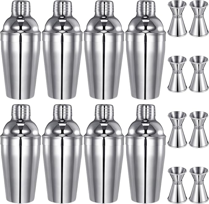 8 Packs Cocktail Shaker Set Martini Shaker Bulk Stainless Steel Martini Mixer with Strainer and Double Measuring Jigger for Bar Party Home Use Wine Bar Mixing Tool (18 Oz/ 550 ml)
