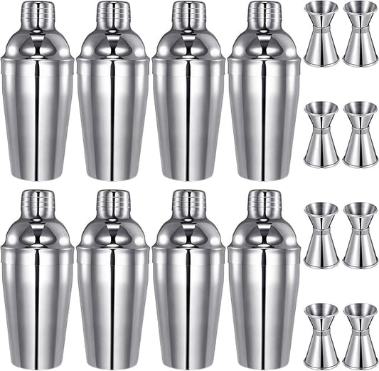 8 Packs Cocktail Shaker Set Martini Shaker Bulk Stainless Steel Martini Mixer with Strainer and Double Measuring Jigger for Bar Party Home Use Wine Bar Mixing Tool (18 Oz/ 550 ml)