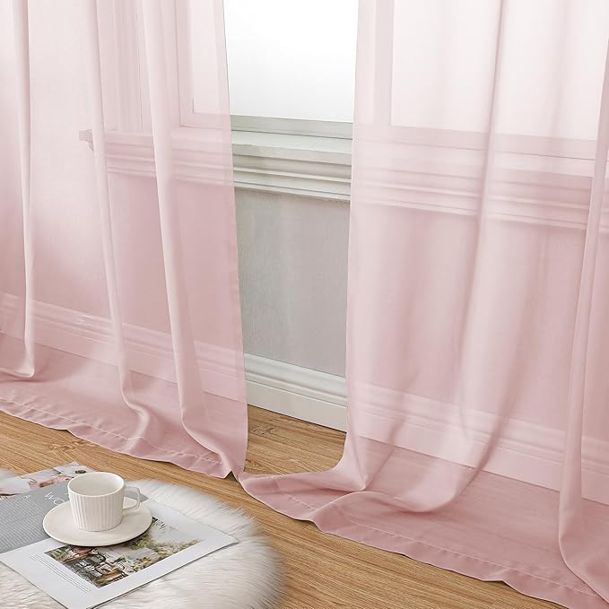 Aiyufeng Blush Pink Sheer Curtains 90 Inches Long 2 Panels Set, Light Filtering Soft Airy Voile Rod Pocket Baby Pink Sheer Window Drapes for Bedroom Living Room, Each 42Wx90L Inches