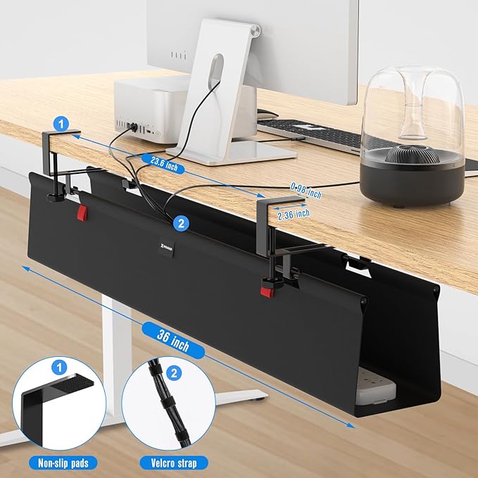 No Drill Under Desk Cable Management Tray, 36" Cord Management Tray with Cable Loop, Upgraded Oxford Fabric Wire Management for Standing Desk - No Damage to Table