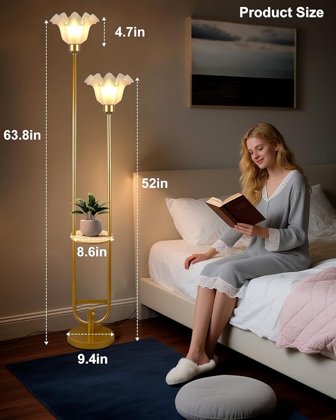 Lightdot Dimmable Flower Floor Lamp for Living Room, Modern Mid Century Floor Lamp with Table, Tall Standing Lamp for Bedroom & Home Decor- Gold