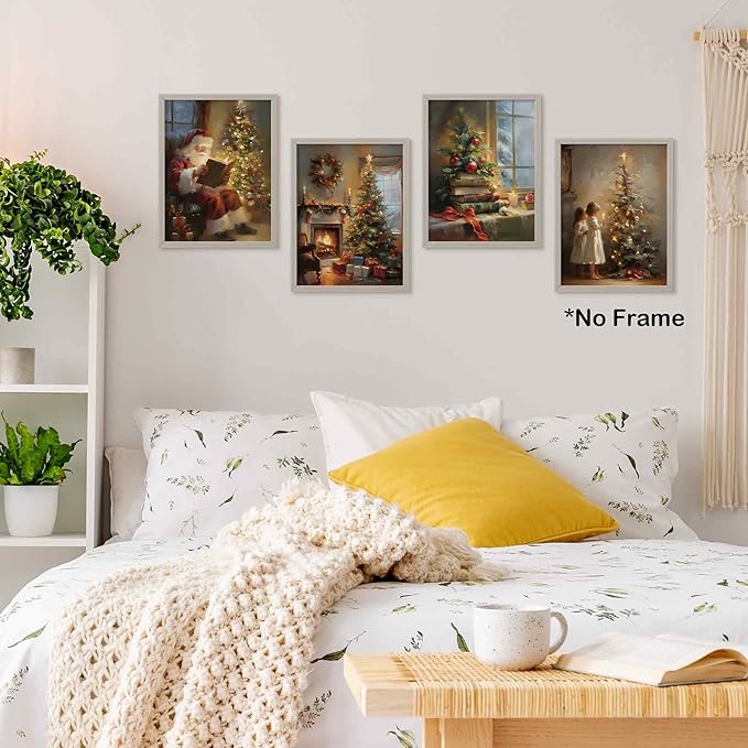 TLESKE Vintage Winter Christmas Posters Prints Unframed Set of 4, Rustic Christmas Tree Wall Art Prints Decor for Living Room Bedroom Reading Nook Corner, Santa Claus Books Wall Pictures, 12x16 Inches