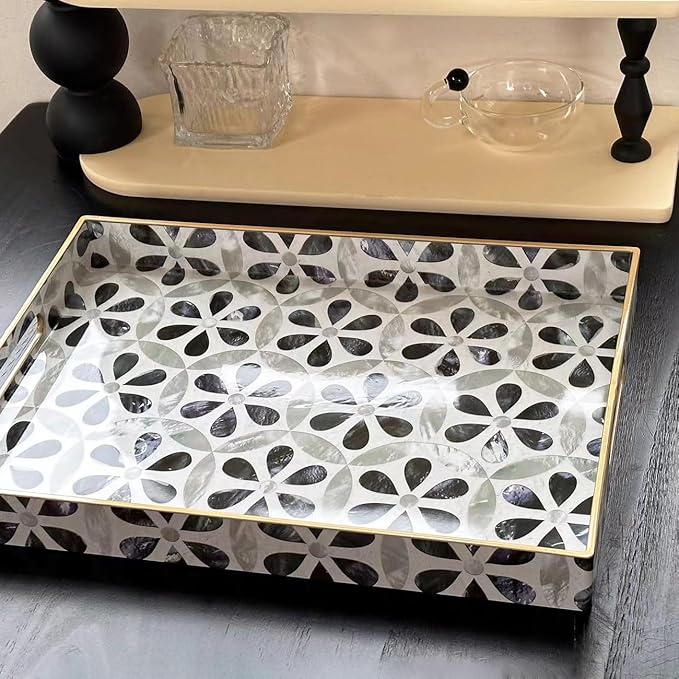 Boho Sturdy Acrylic Serving Tray with Handles, Rectangular for Coffee Table, Food, Breakfast - Kitchen Countertop, Ottoman - Plastic Decorative, 15.7" x 11.8"