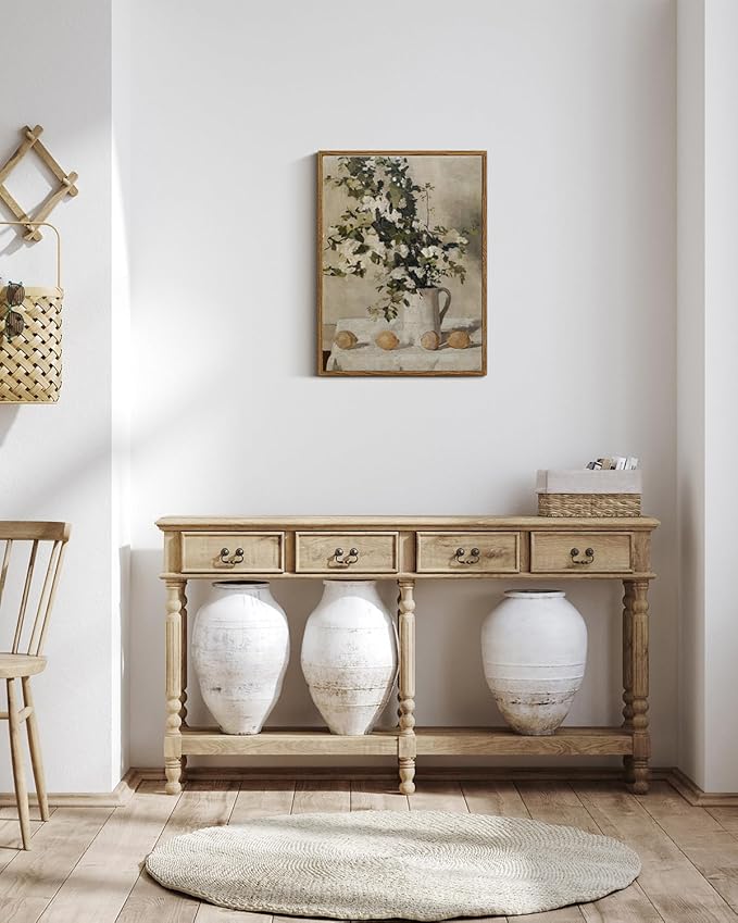 VIYYIEA Vintage Wall Art Kitchen Decor, Flowers and Lemons Pictures Painting Botanical Art, 12x16 in,Framed Canvas Prints Artwork, Earthy Farmhouse Decor for Dining Room Bathroom