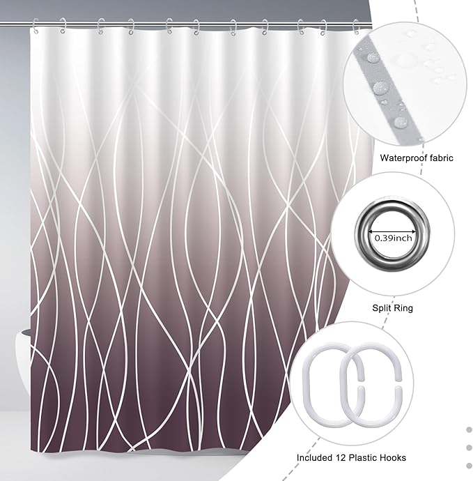 Punkray Burgundy Striped Polyester Shower Curtain for Bathroom with Hooks, Shower Curtains for Bathroom, Waterproof Bath Accessories Hotel Style - Machine Washable 72 x 72