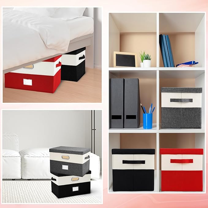 Large Linen Fabric Foldable Storage Bins with Removable Lid and Handles, Washable Storage Box Organizer Containers Baskets Cube with Cover for Bedroom,Closet,Office(Grey&Cream, Large(2-Pack))