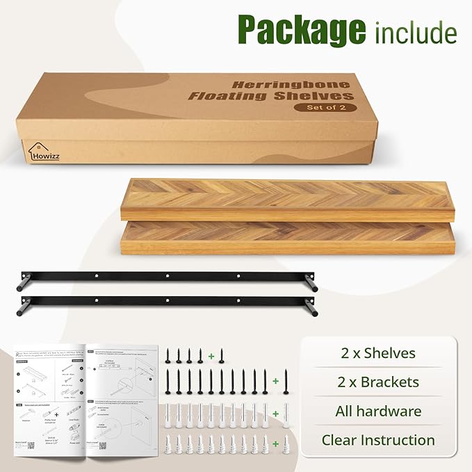 48" Rustic Farmhouse Floating Shelves – Set of 2 Acacia Wood Shelves for Stylish Wall Decor in Kitchen, Bathroom, and Office, Unique Chevron Pattern, 48x8x1.5 Inches - Set of 2 - DIY