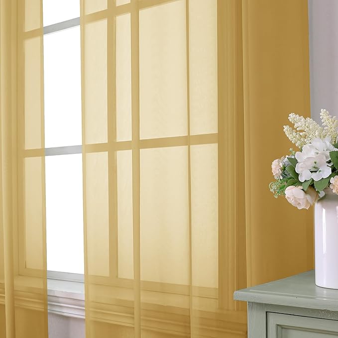 Aiyufeng Gold Sheer Curtains 72 Inch Length 2 Panels Set, Light Filtering Gold Window Curtain Drapes Treatment for Kitchen, Bedroom,Children Room, Dual Rod Pocket, 2 Pack of 42 x 72"