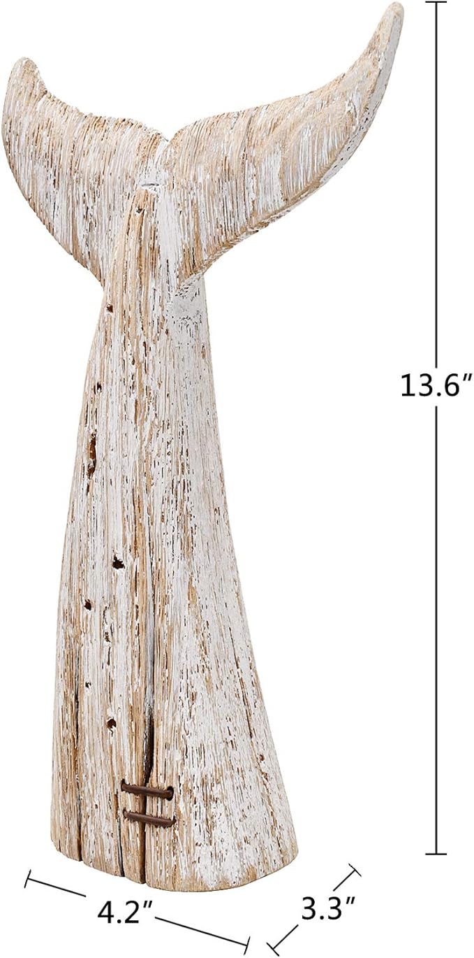 Morning View Wooden Whale Tail Decor - Rustic Nautical Free Standing Wooden Statue - 13.6 Inch High