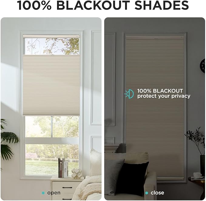 Joydeco No Tools No Drill Blinds for Indoor Windows, Cordless Window Blinds Cellular Shades Top Down Bottom Up Blackout Honeycomb Blinds Thermal Insulated Noise Reduction (Beige, 27" W x 64" H)