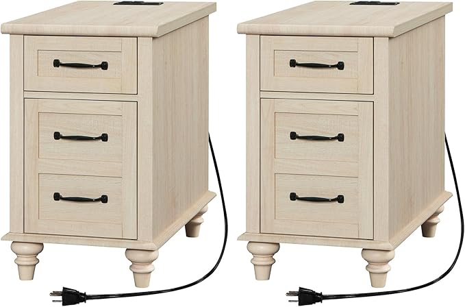 WAMPAT 2 Pack End Tables with Charging Station, Farmhouse Narrow Side Table with Drawer & Storage Cabinet, Beige Nightstand with Power Outlets & USB Ports for Living Room, Bedroom