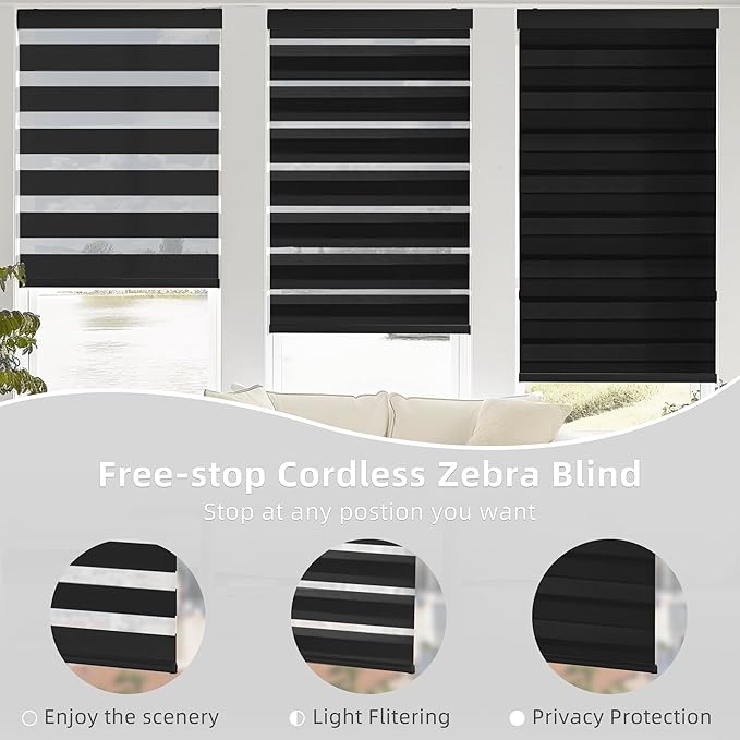 ChrisDowa Cordless Zebra Blinds for Windows, Dual Layer Free-Stop Light Filtering Window Roller Shades, Pull Down Privacy Zebra Shades for Home, Office, Bedroom, Door (31" W x 72" H, Black)