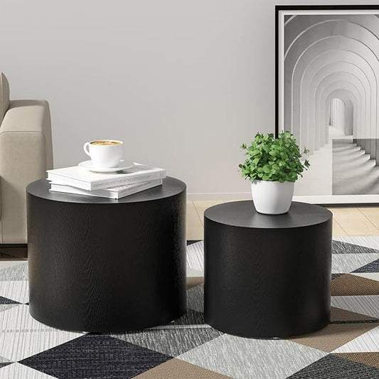 Nesting Coffee Table Set of 2, Wood Round Coffee Table, Modern Coffee Table for Small Space Living Room, Black