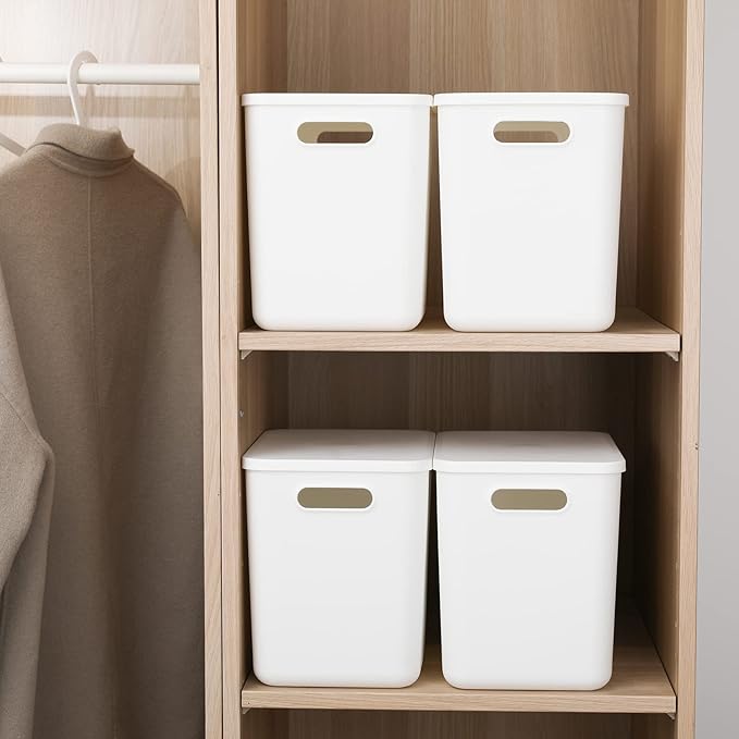 Plastic Storage Baskets Bins Boxes With Lids,Organizing Container White Storage Organizer Bins For Shelves Drawers Desktop Playroom Classroom Office,4-Pack